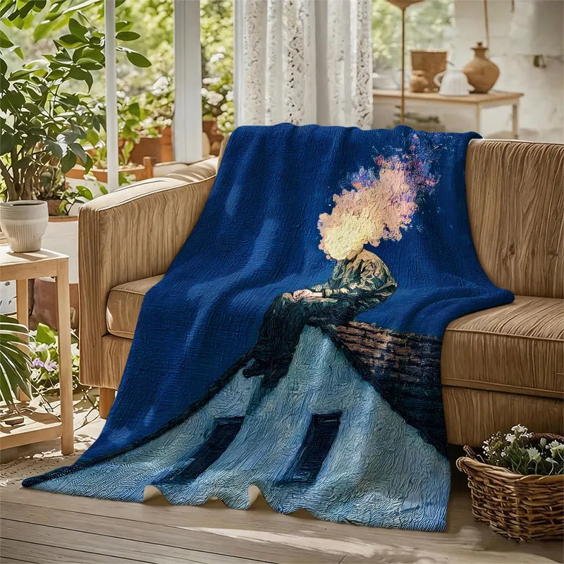 Man Fire Head Rooftop Oil Flannel Blanket Perfect for Sofa Office Bed Travel Sleep Read Relax Camping Four Season Use