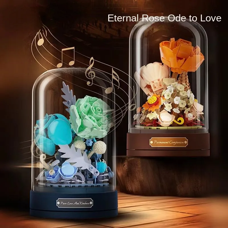 This Judge assembled building blocks flower music box music box revolving light flower Valentine's Day gift can be used as a chi