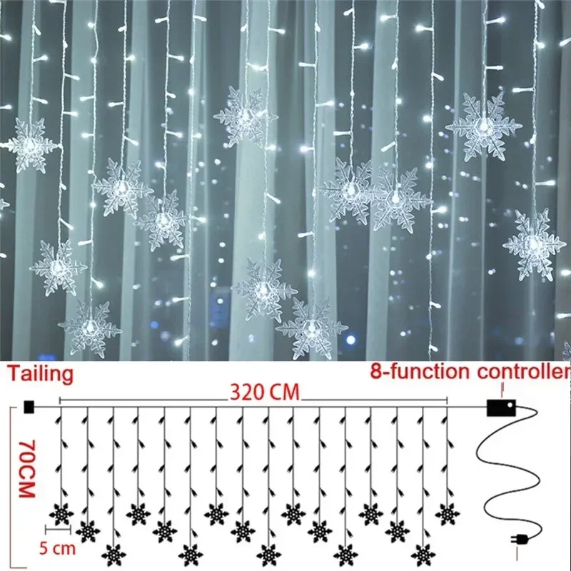 EU Plug Christmas Lights Outdoor Light Garland for Home Garden Party Decoration LED Snowflake Curtain Icicle Fairy String Lights