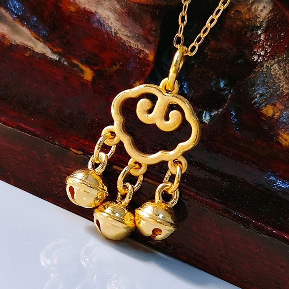 1pcs 24K Yellow Gold Pendant For Women 3D Propitious Cloud Bell Longevity Lock 1.2-1.4g