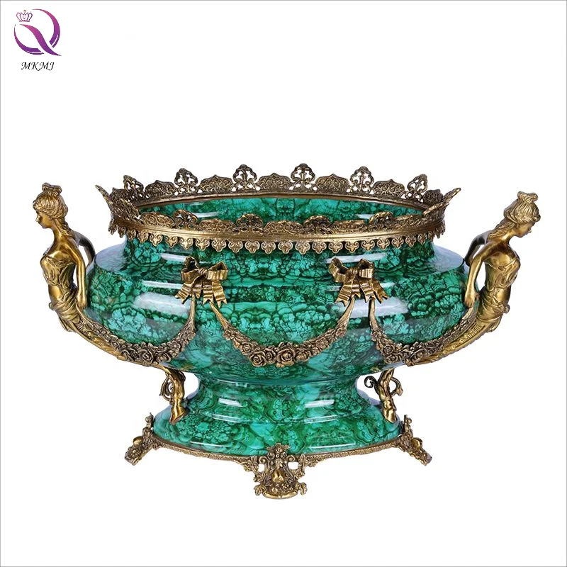 

Vintage malachite green vase European ceramic inlaid brass fruit pot high-end luxury home decoration foyer living room