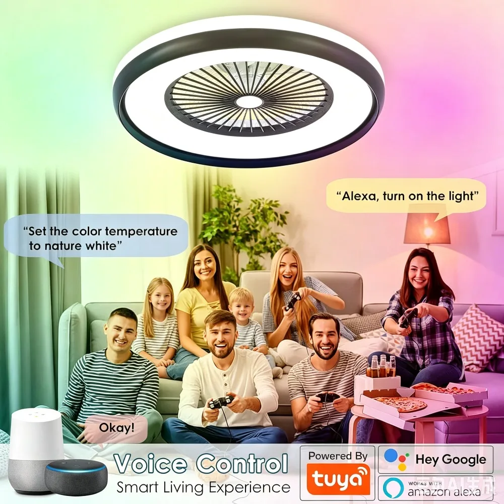 RGB Color Changing LED Ceiling Lamp Voice Control Work with Google Home Silent Ventilator Light for Bedroom Living Room