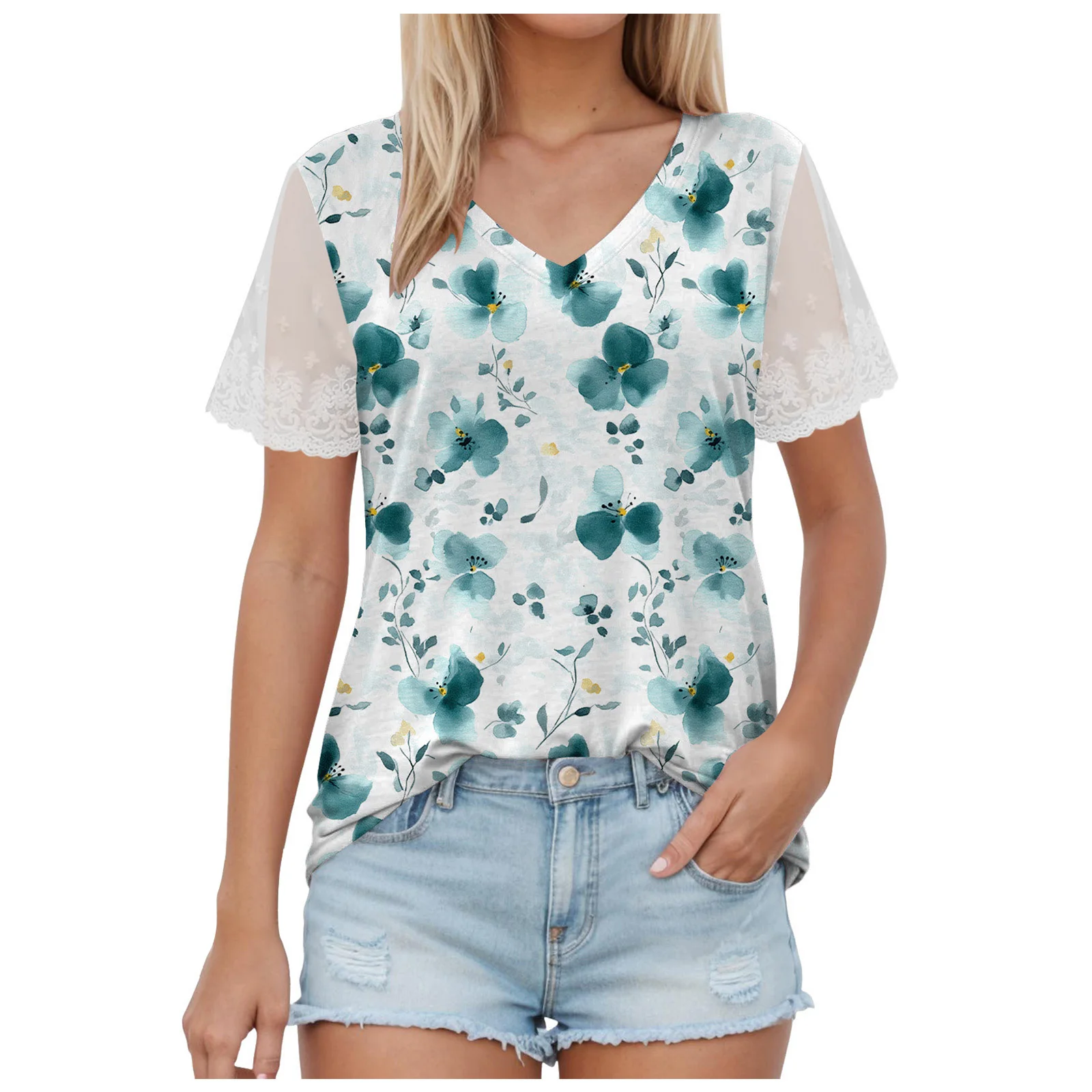 

Floral Print Ladies T Shirts Elegant Lace Short Sleeve Women Tops V Neck Casual Loose Office Shirts 2025 Summer Female Clothing