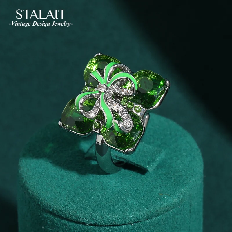 

Vintage Emerald Green Rings Crystal Bowknot For Woman Gifts Cubic Zincon Silver Color Retro Wedding Accessories New 2025 Trend
