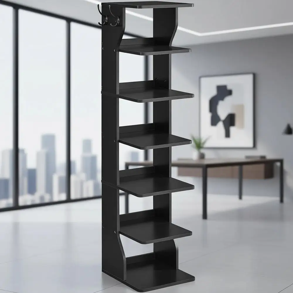 

7-ярусная тонкая полка для обуви с крючками, компактный органайзер для хранения в прихожей и спальне, черная