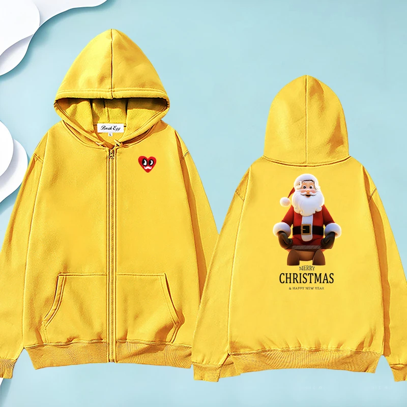 

Merry Christmas Santa Claus Printing Women Zipper Hoodie Polyester Red Eyes Beard Heart Embroidery Pocket Autumn Loose Sweater