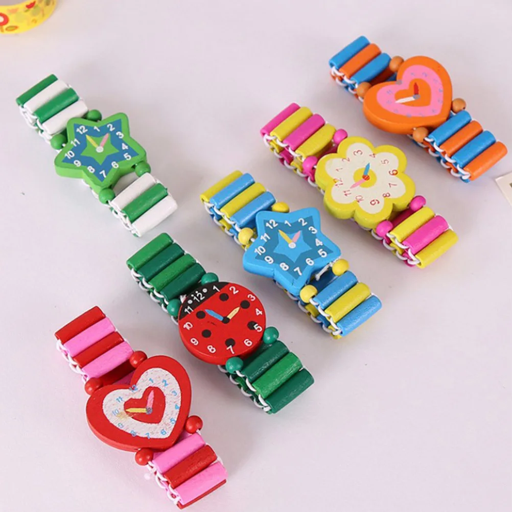 6pcs Wooden Watch For Kids Cartoon Pattern Safe Environmental Paint Educational Skill Development Children'S