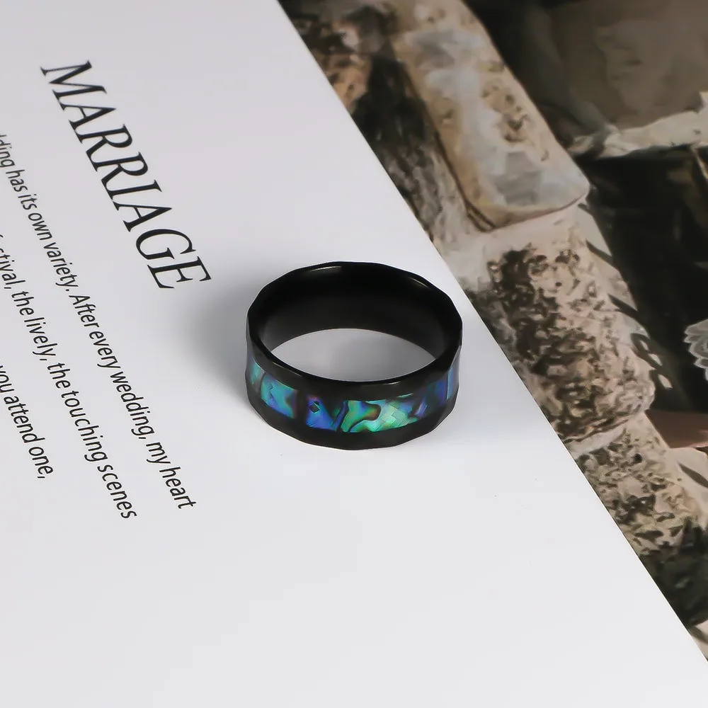 1Pcs European and American Style Rhombus-Shaped Black Plated Ring with Abalone Shell Inlay, Stainless Steel Ring, Men's Titanium Steel Jewelry
