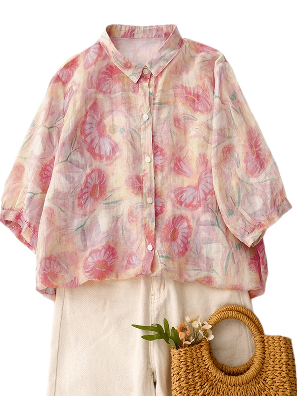 Retro Print Linen Cotton Blend Casual Thin ort Sve  Collar Open Cardigan Top for Women Summer 2025 Commute Sle