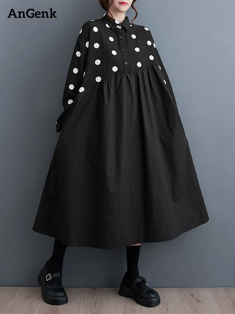 Long Sleeve Patchwork Vintage Polka Dot Dresses Women New Loose Casual Shirt Dress Fashion Elegant Clothing Spring Autumn 2024