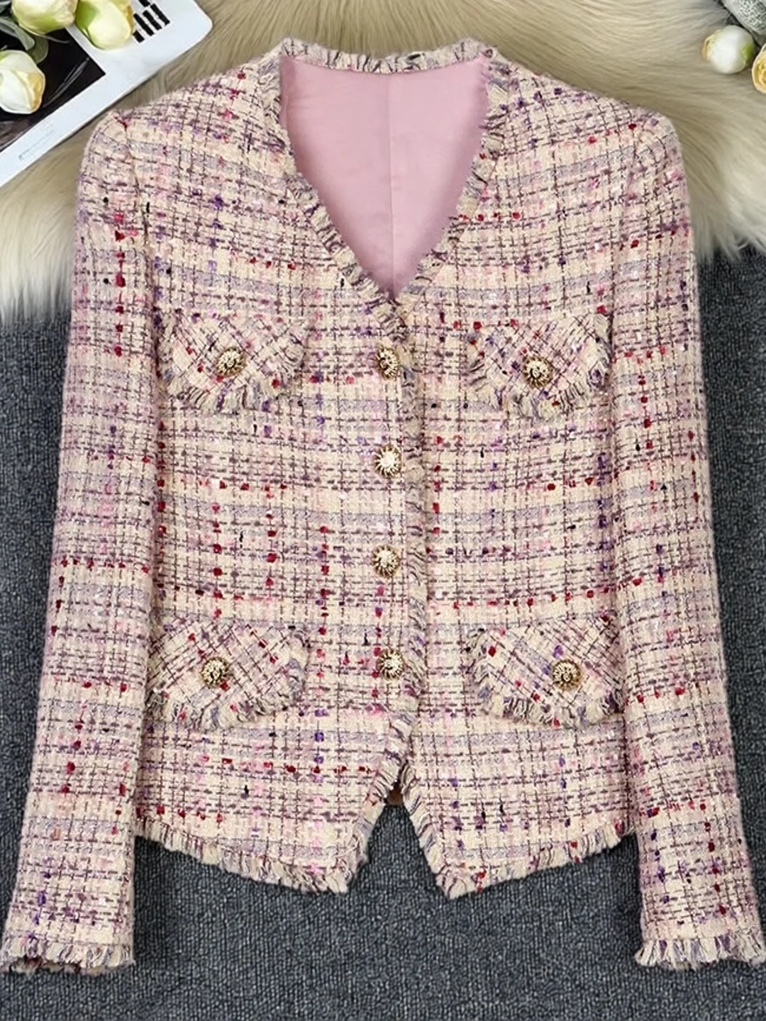 

Элегантное короткое повседневное шерстяное пальто с бахромой и V-образным вырезом, высококачественное, модное, женственное, прямого кроя, из полиэфирного волокна, с пуговицами