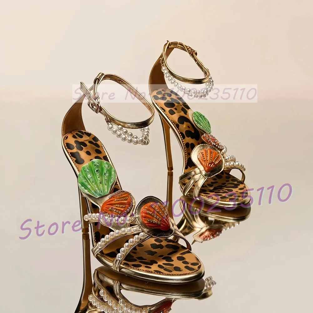Light Gold Metallic Sandals With Crystal Shell Women Luxury White Pearl Straps Leopard Insole Heels Ladies Sexy Party Sandals