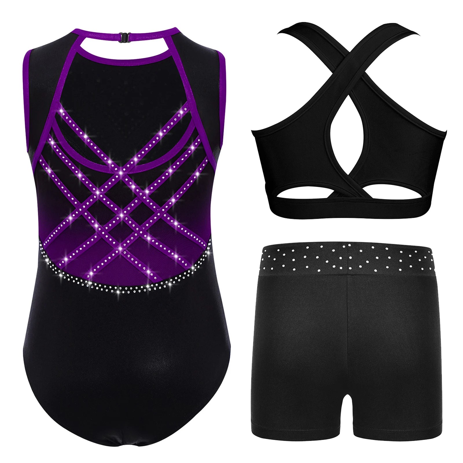 

3Pcs Kids Girls Gymnastics Figure Skating Outfit Crisscross Cutout Back Mesh Patchwork Shiny Rhinestones Leotard+Vest+Shorts Set