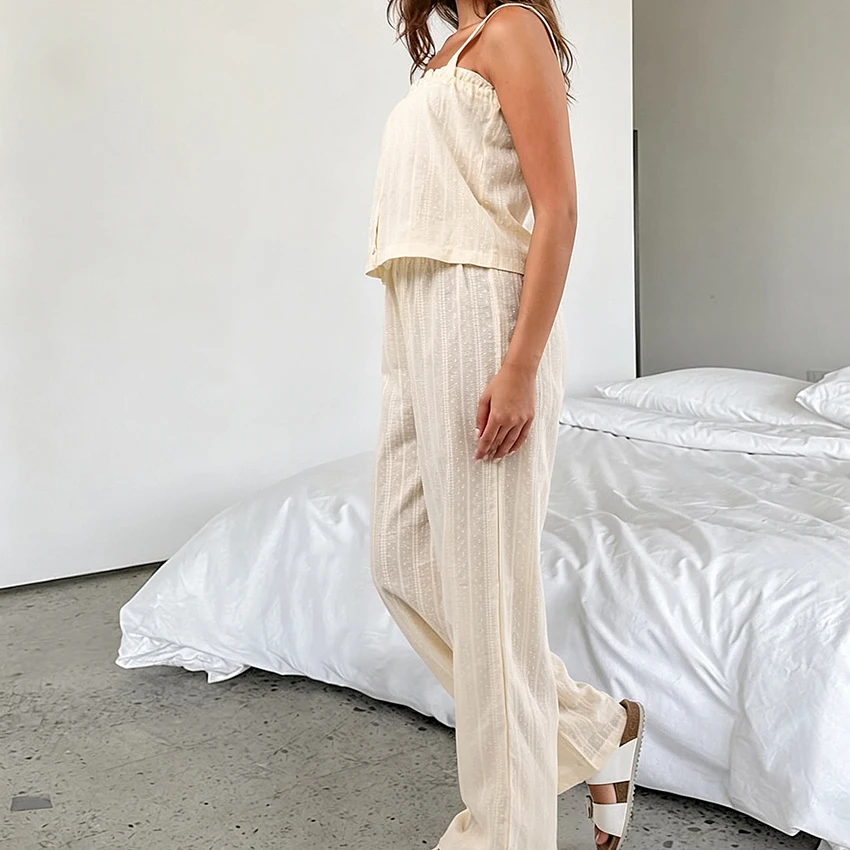 Casual Apricot Inelastic Woven Women'S Pajamas Two-Piece Ruffle Sleeveless Camisole Top Elastic Waist Button Front Pants