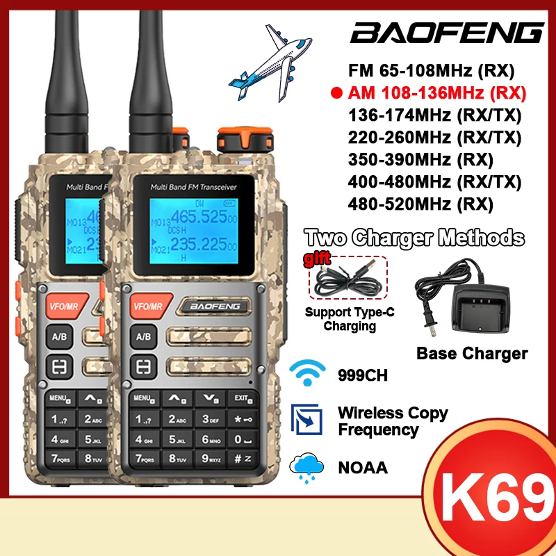 

1/2 шт. Baofeng BF-K69 рация камуфляжная беспроводная частота копирования AM FM многодиапазонная УКВ УВЧ Тип-C ветчина дальнего действия 2-сторонняя радиостанция K6