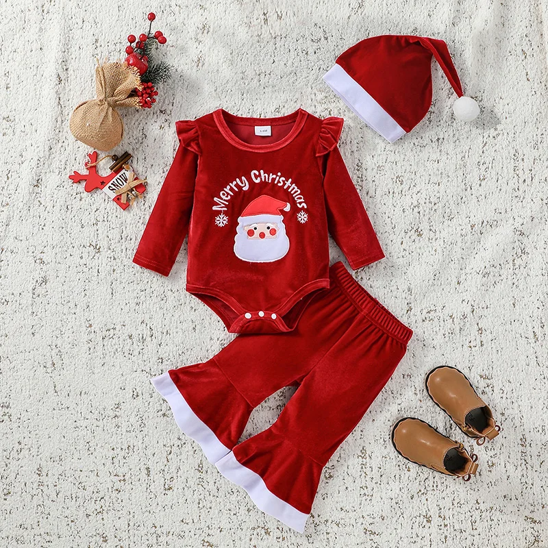 

Infant Baby Clothing Girl Christmas Outfits Letter Santa Embroidered Long Sleeve Romper Flare Pants Hat Newborn Xmas Clothes Set