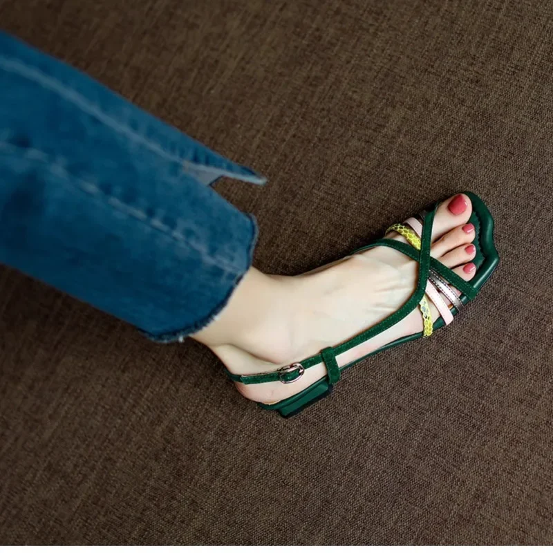 شانغ شي ريترو اللون حظر الصنادل المرأة الصيف كعب خشن غرامة القش كعب منخفض الأحذية الرومانية تنوعا أحذية نسائية عادية #6