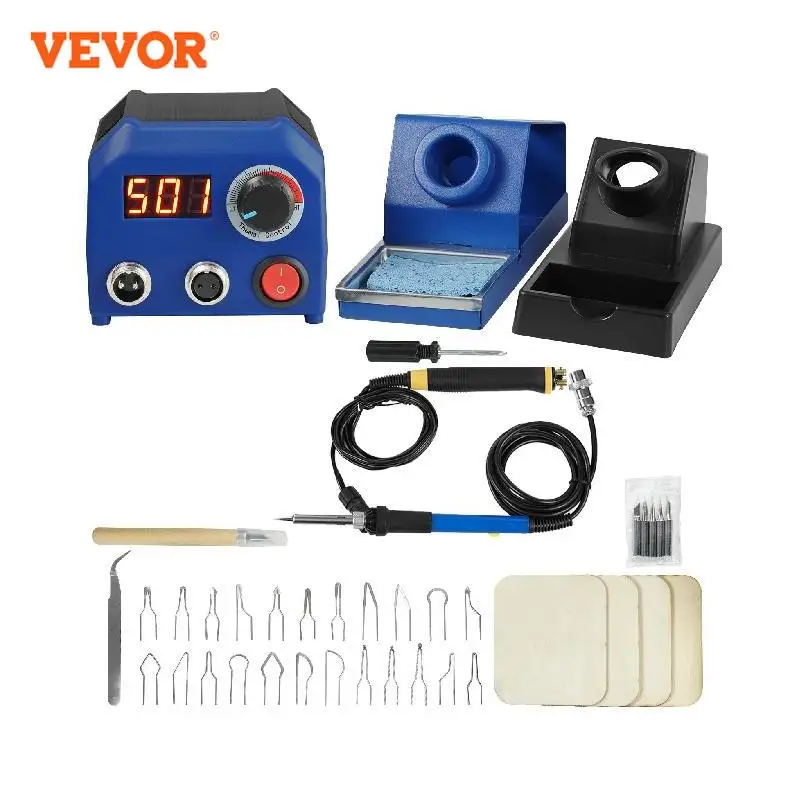 VEVOR Wood Burning Kit 250~700°C Adjustable Temperature with Display Dual Output Port with 2 Pyrography Pens 5 Solid-Point Tips