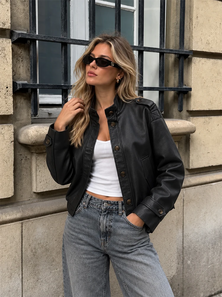 HH Women Faux Leather Jacket Fall Winter Stand Collar Oversized Fit Cropped Coat Shoulder Epaulets Casual Motorcycle Outerwear