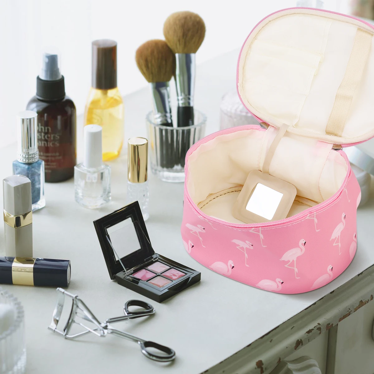 

Hand Holding Cylinder Bag Toiletry Travel Bags Make up Flamingo Makeup