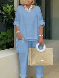 Lässige blaue Frauen Set Frühling Herbst Mode Langarm O-Ausschnitt lose Anzug weibliche Vintage Tasche Top lange Hosen 2 Stück Outfit