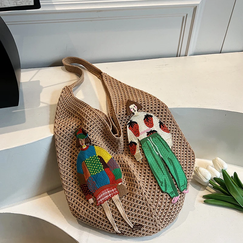 Hohle Netz-Strick-Schultertasche für den Strandurlaub, lässige, schicke Cartoon-Tragetasche, leichte, entspannte, gewebte Damenhandtasche