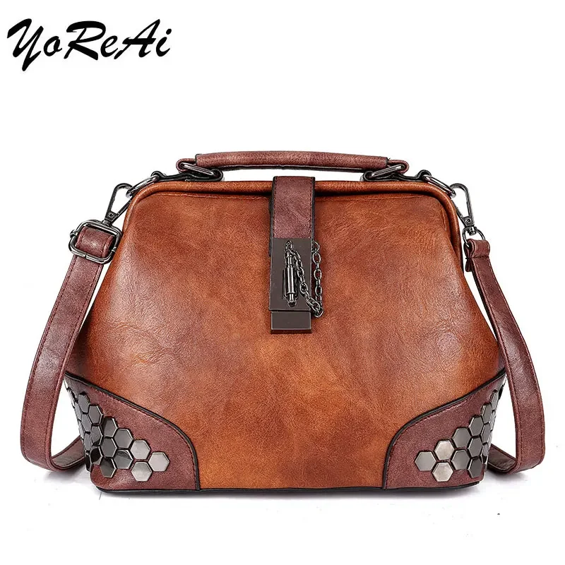 

YoReAi Fashion Leather Handbags for Women Luxury Handbags Retro Rivet Woman Bags Designer Large Capacity Shoulder Diagonal Bag