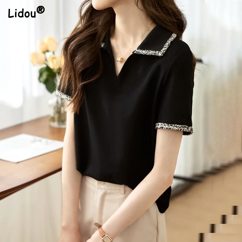 Women\'s Summer New Polo Collar Pullover Fashionable Generous Elegant T-shirt Solid Nail Beads Casual Versatile Short Sleeve Tops