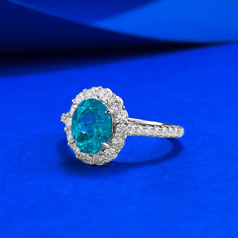 New S925 Silver Ring Women's 6 * 8mm Elliptical Paraiba Ice Crack Surrounding Ring Wedding Jewelry