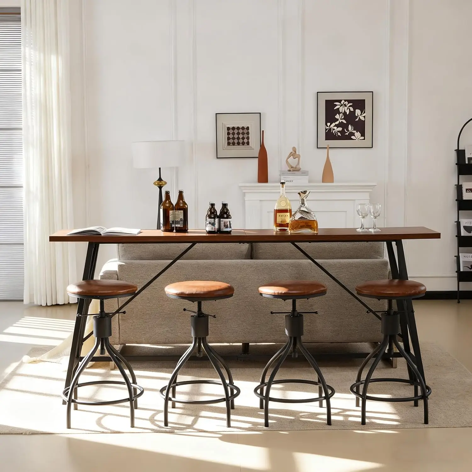 83.8" Bar Table and Chairs Set, 4 Adjustable PU Stools, Brown