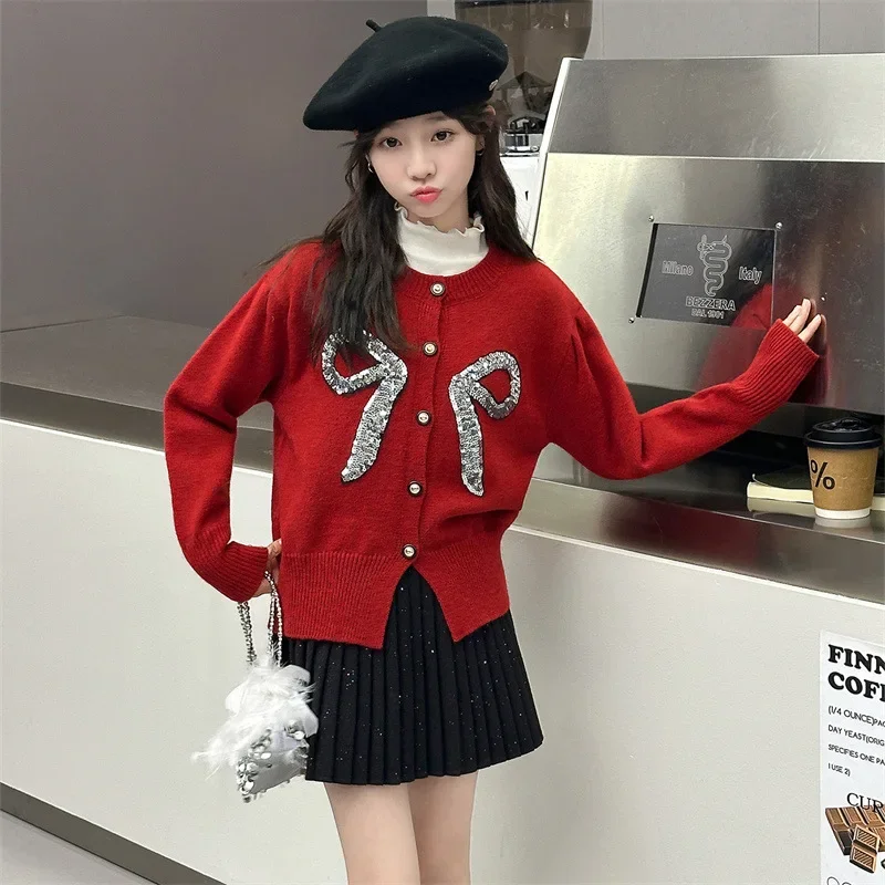 

Новый год, красный вязаный кардиган для девочек-подростков, осенне-зимний свитер для детей с блестками и бантом, пальто, плиссированная юбка, детская одежда, наряды