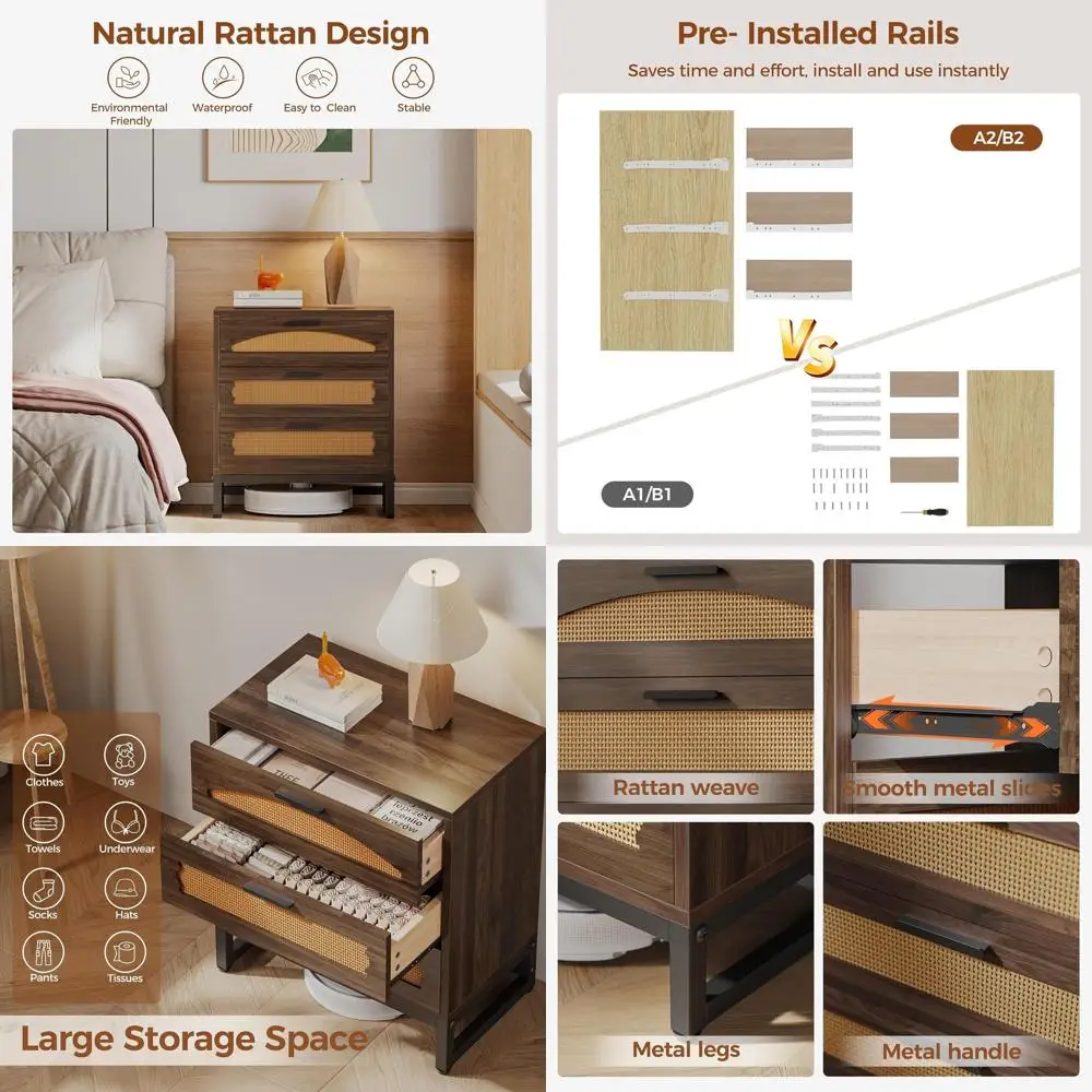 

Walnut 3-Drawer Rattan Bedroom Dresser with Metal Handles and Boho Nightstand Set