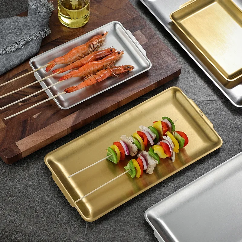 Flat Bottom Tray Korean Style 304 Stainless Steel Rectangular Plate,Thickened Golden Barbecue Plate Vegetable Plate Sushi Plate