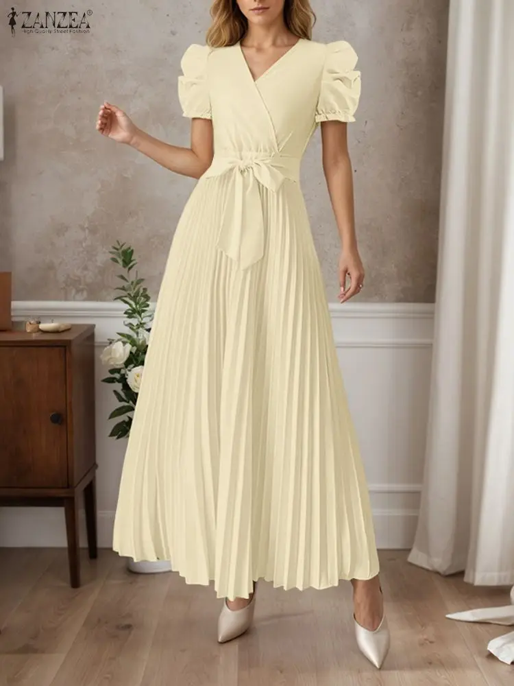 Elegante abito da festa con scollo a V ZANZEA Abiti da donna da ufficio 2025 Manica a sbuffo Solido Vestito estivo a pieghe Una linea Abiti midi Abito con cintura