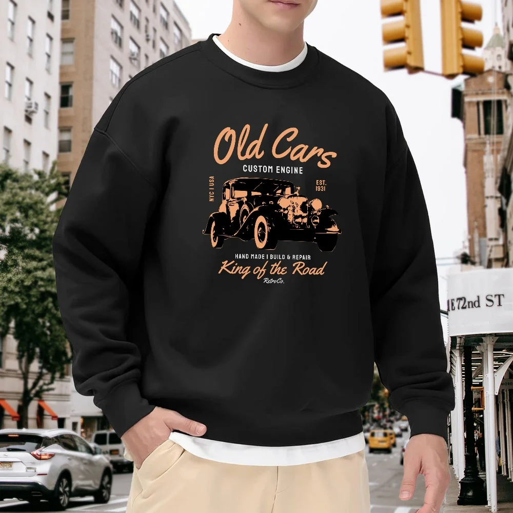 

Men's Black Loose-Fitting Crew Neck Sweatshirt with Vintage Car Print, Casual Top for Everyday Street Style, Comfortable, Soft, Breathable, Versatile Trendy Style
