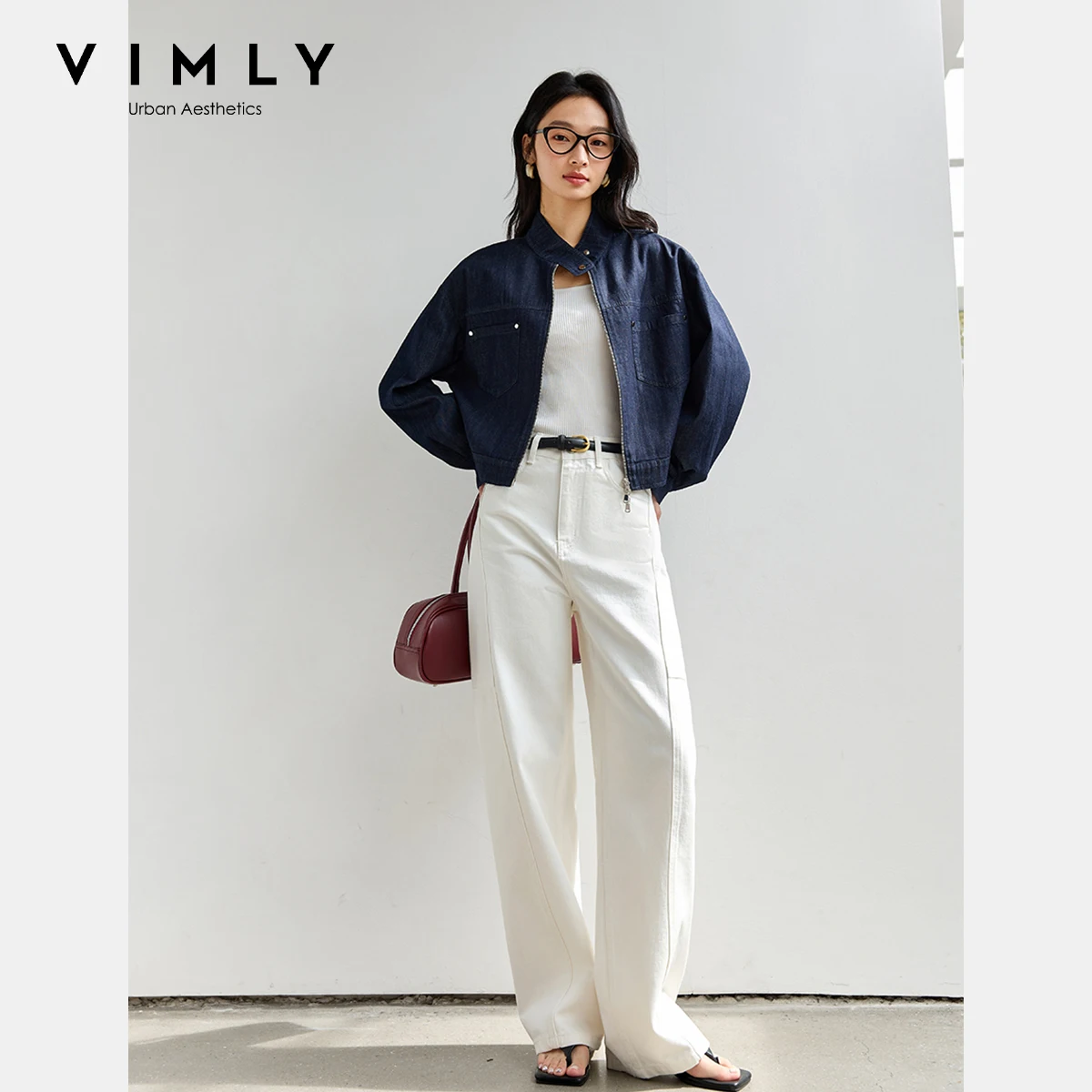 VIMLY Blue Denim Jackets Women Stand-up Collar Short Jeans Jacket Ladies 2025 Spring Autumn Zipper Loose Outerwear Woman A0616