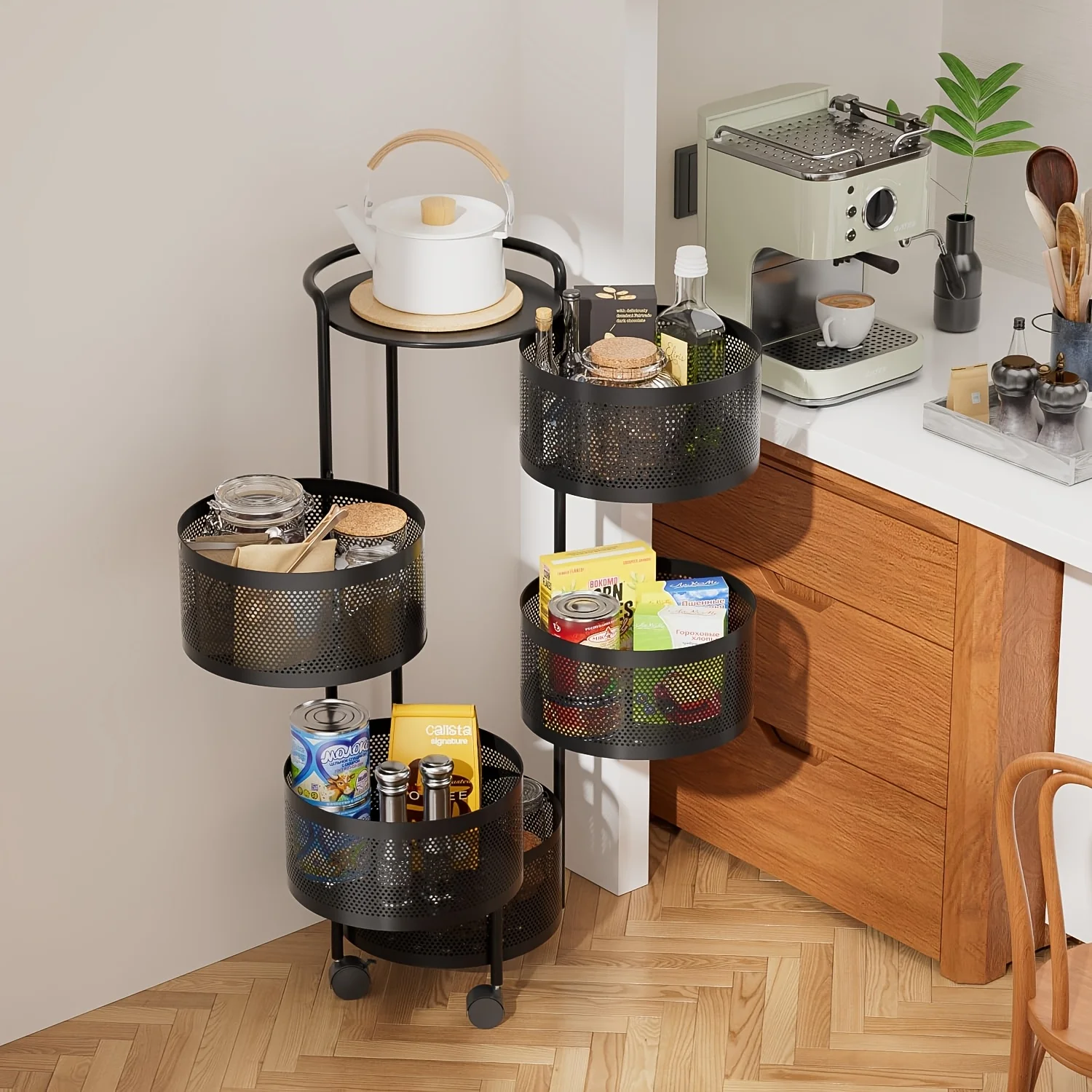 5-Tier Rotating Storage Rack With Wheels | Black Iron Fruit & Vegetable Organizer, Mobile Utility Cart For Kitchen/Living Room