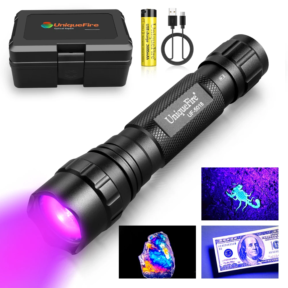 

UniqueFire 501B 365NM Ultraviolet UV Black Light LED Flashlight for Pets Urine Stains Detector with USB-C Rechargeable Battery