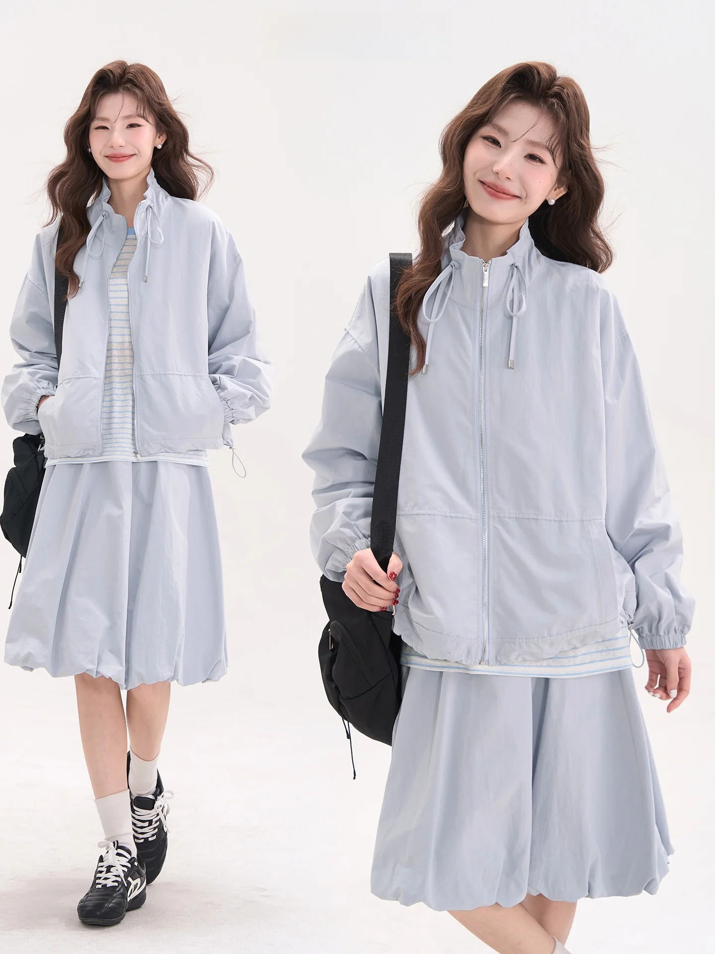 

Heme Holiday Elegance Casual Drawstring Jacket And Semi-skirt Two-piece Set Women's Spring Fashion Ensemble Long Sleeve Zipper