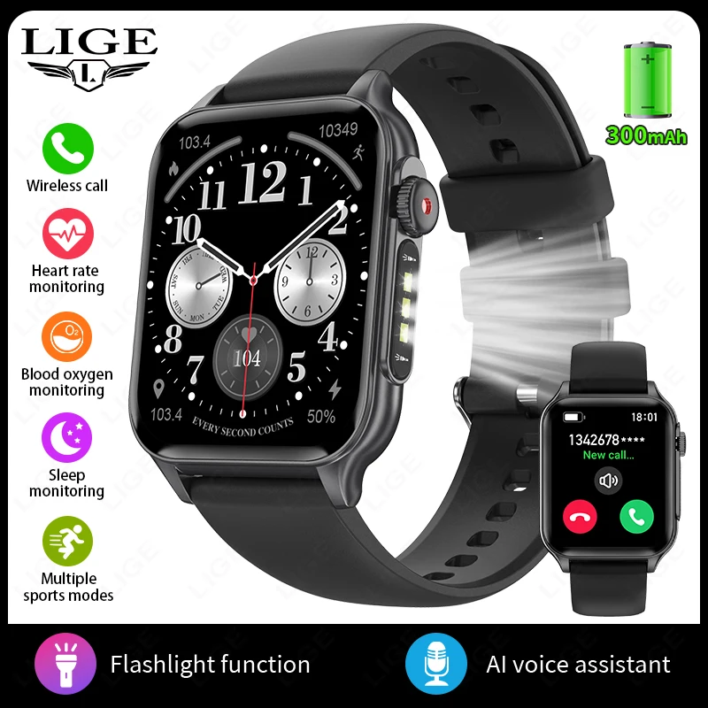 LIGE Neue 1,96 "Smart Uhren Männer Frauen LED Taschenlampe 3ATM Wasserdichte Sport Uhr Fitness Tracker Herzfrequenz Überwachung Smartwatch mann 8