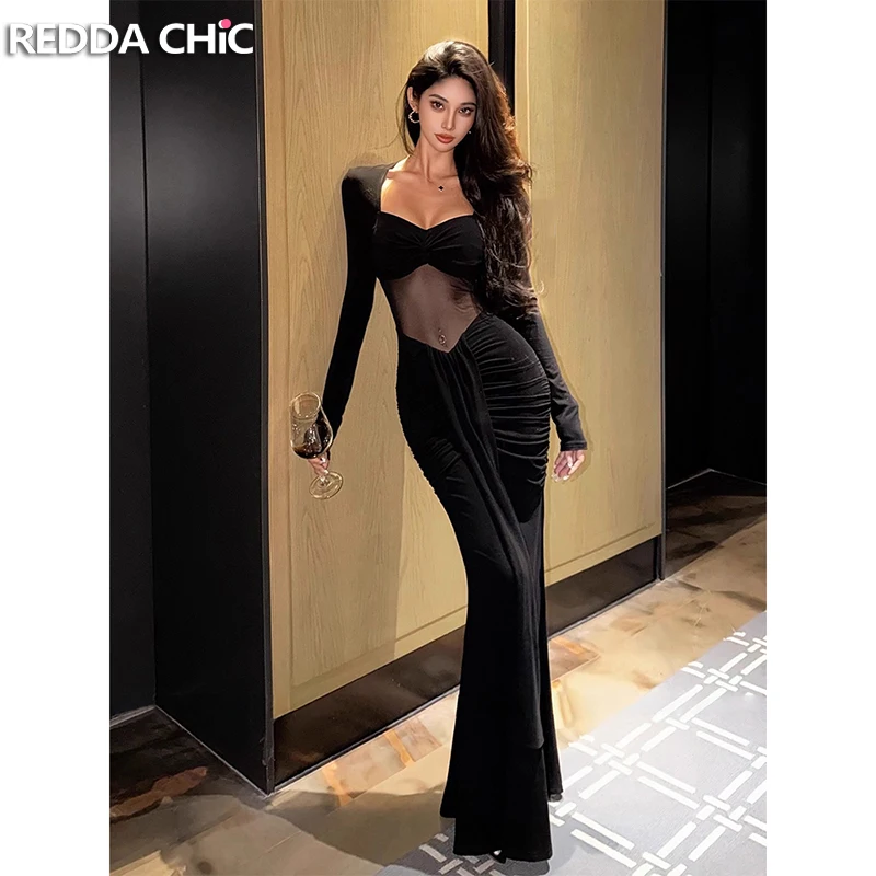 

REDDACHiC Mesh Hollow Out Black Dress Long Sleeve Square Neck Twist Corset Bodycon Maxi Long Fishtail Dress Sexy Women Clothes