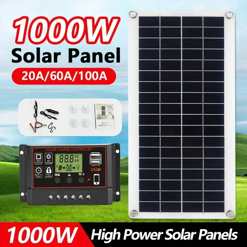 20W-1000W Panel słoneczny 12V Ogniwo słoneczne 100A Kontroler Panel słoneczny do telefonu RV Samochód MP3 Ładowarka PAD Zasilanie akumulatorowe na zewnątrz Kemping