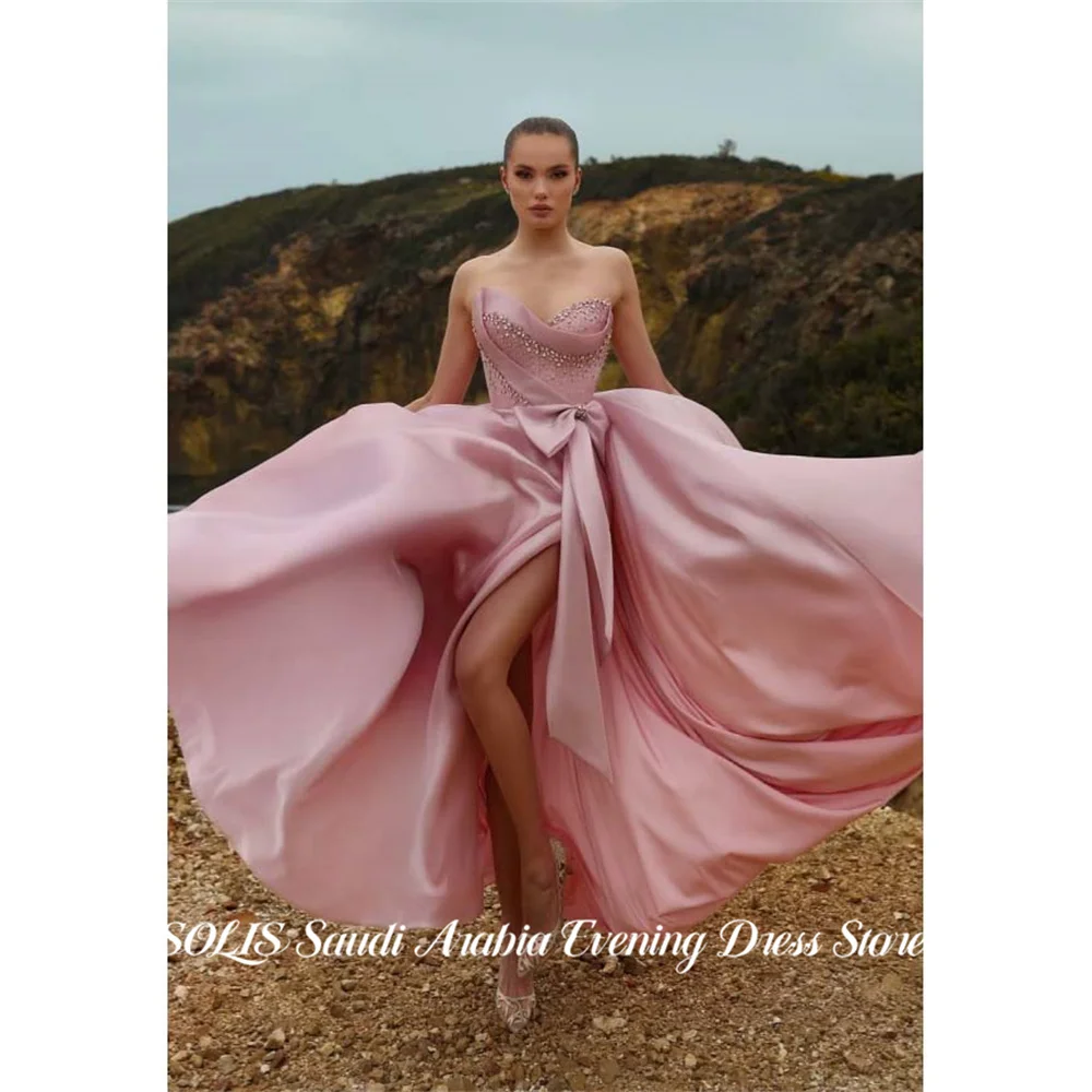 SOLIS Pink Evening Dress Strapless Prom Dress Satin A Line Party Dress with Bow Gala Dress for Women Beading On Chest Customized