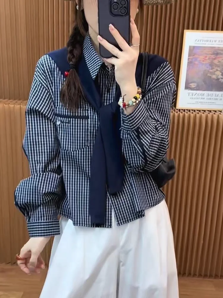 

Повседневная клетчатая рубашка, женская осенняя однобортная рубашка с длинным рукавом, съемная шаль, корейская модная универсальная одежда, шикарная блузка