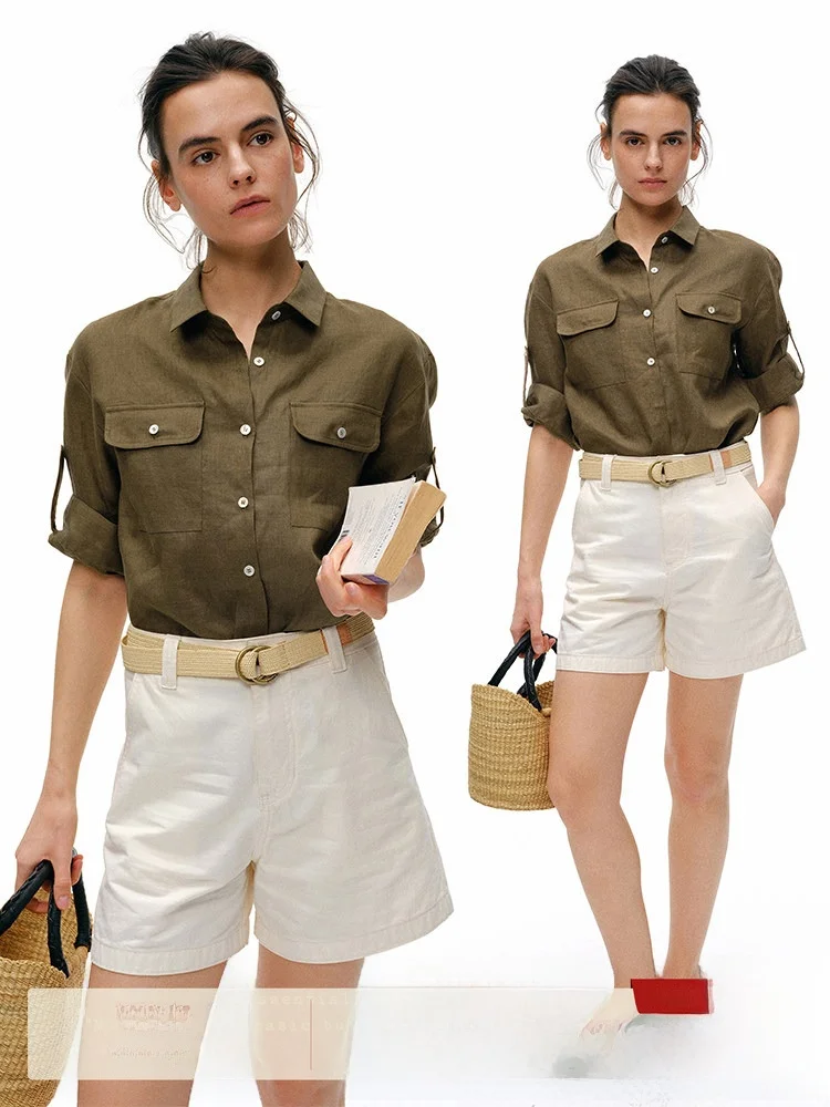 

Who Peach 100% Linen Long Sleeve Loose Women's Work Shirt Pure Color Spring Style Button up Slimming Effect Commute Friendly