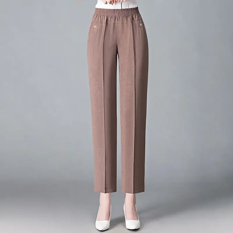 Women's Clothing Solid Color Rivet Elastic Pockets High Waisted Casual Fashion Trousers Straight Trouser Suits Trendy Pants
