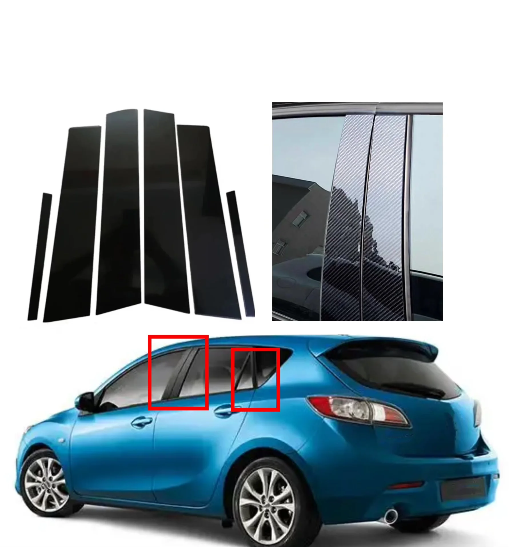 

6PCS Glossy Black Pillar Posts Silver Carbon Fit For Mazda 3 Hatchback 2004 -2009 Window Decor Door Side Mouliding Trim Cover