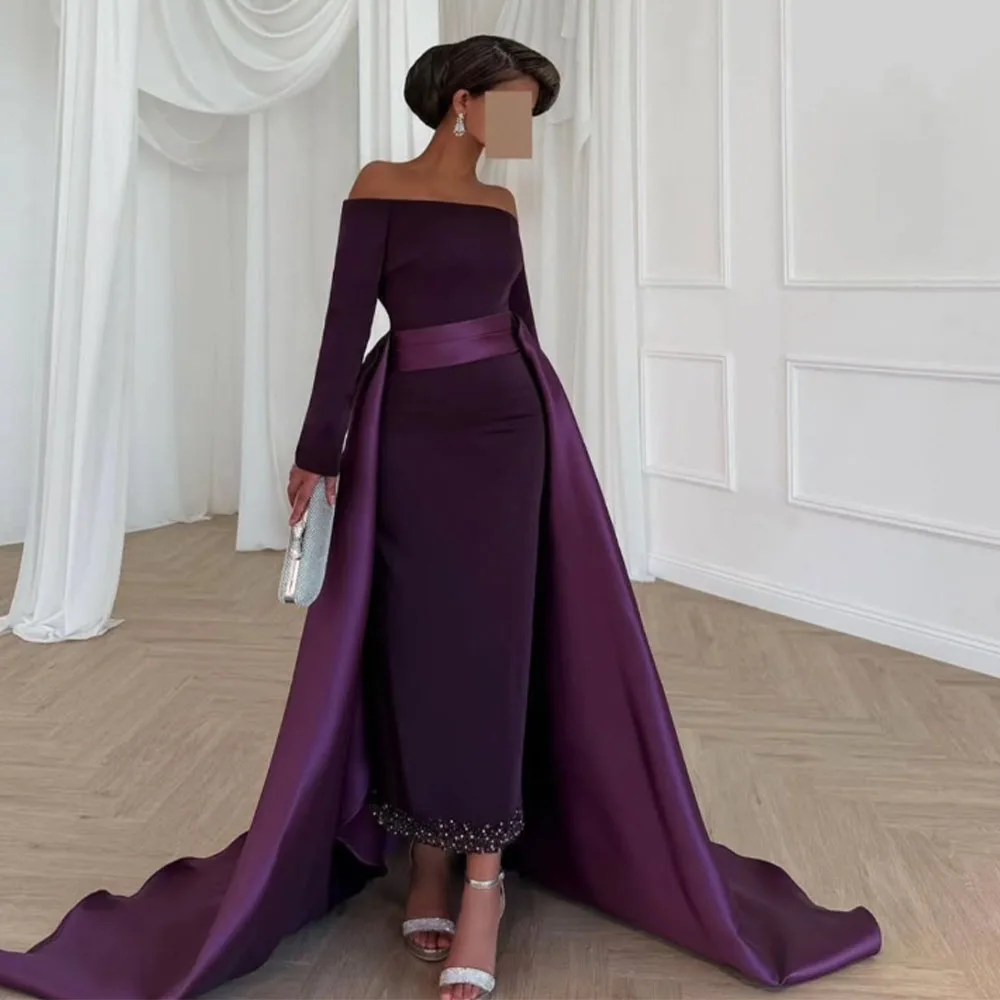 High Quality Customized Strapless Ankle Length Purple Court Train Beaded Formal Backless Three Quarter Women Vestido De Fiesta