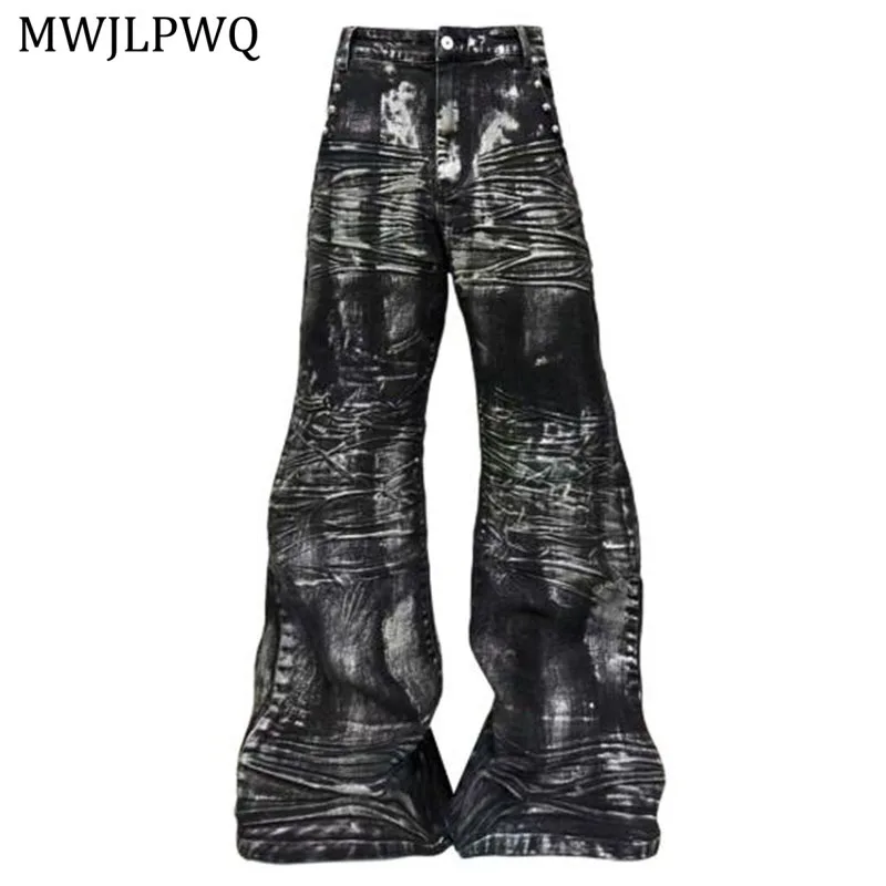 

MWJLPWQ Темные плиссированные расклешенные джинсы с золотым покрытием для мужчин High Street Washed Niched Женские утягивающие мужские брюки в стиле хип-хоп 11555
