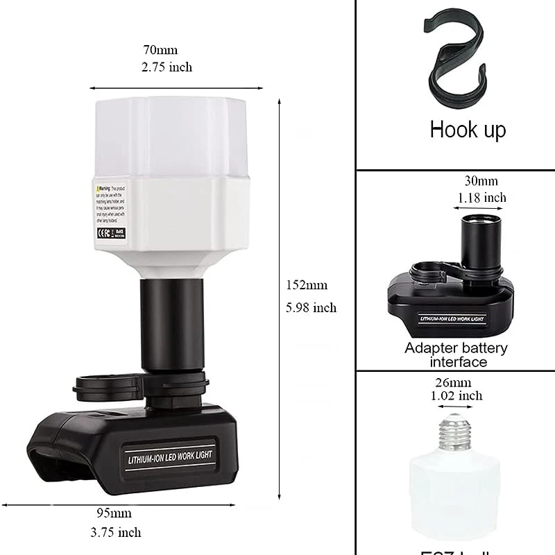 Untuk Dewalt/Makita/Milwaukee 1200LM lampu portabel baterai Li-ion lampu Desktop 12W cocok untuk berkemah di luar ruangan kerja dalam ruangan